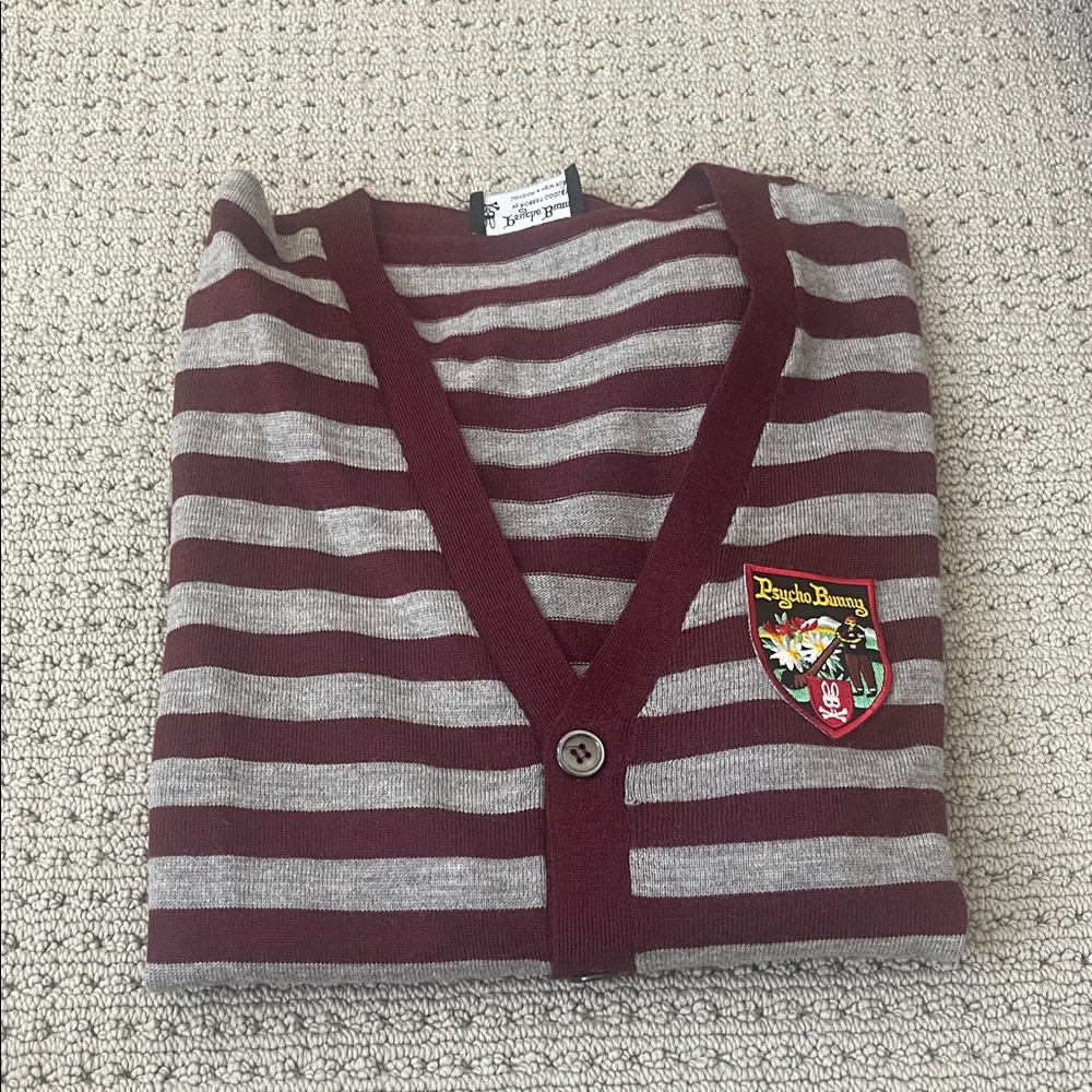 Psycho Bunny Burgundy and Gray Striped Cardigan